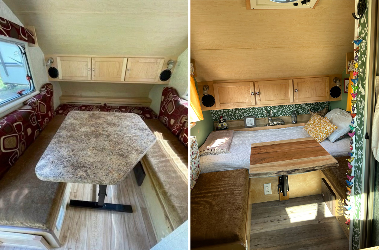 a before and after photo of decorating a tiny teardrop trailer