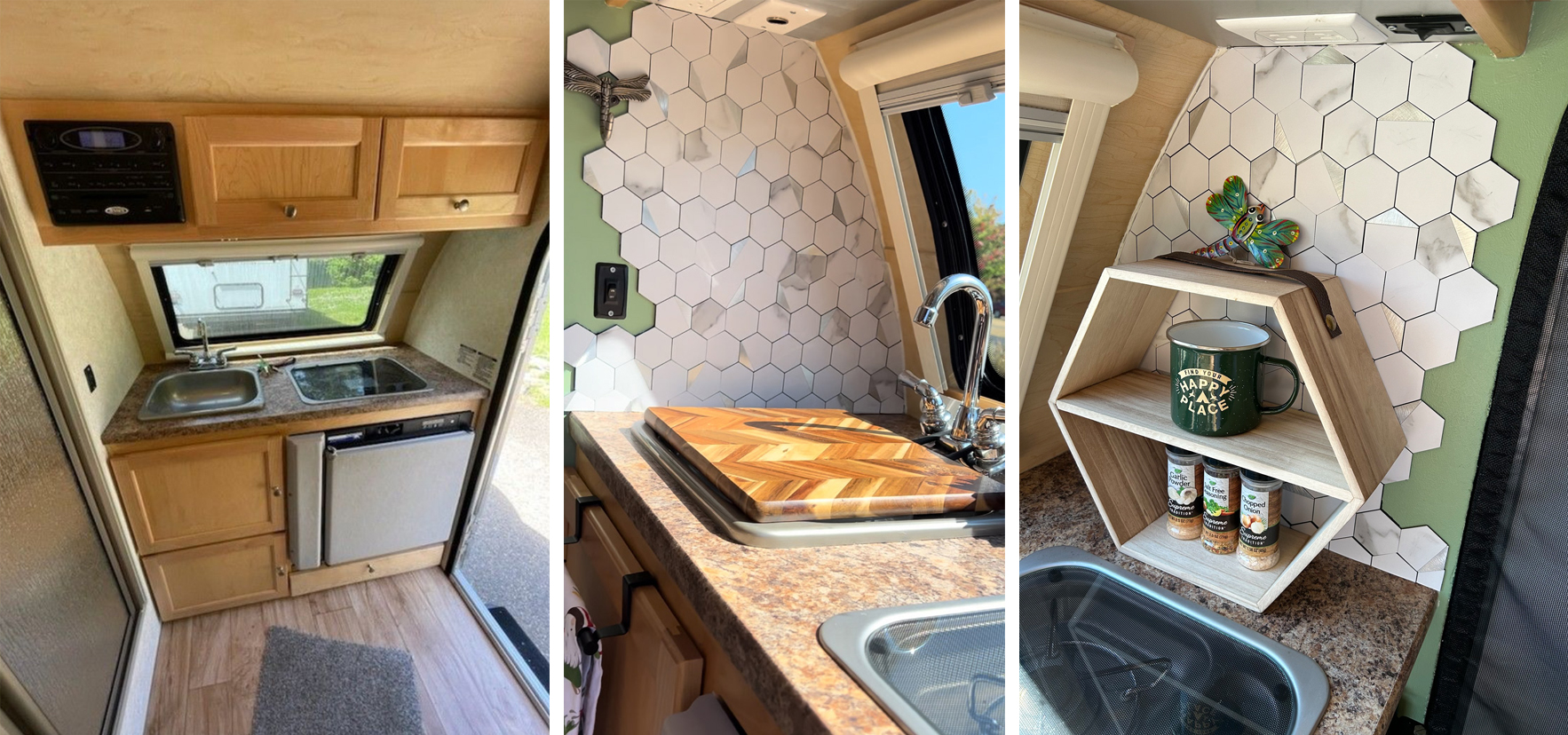 a before and after photo of the kitchen area in a tiny teardrop trailer where hexagonal tile has been applied to the walls