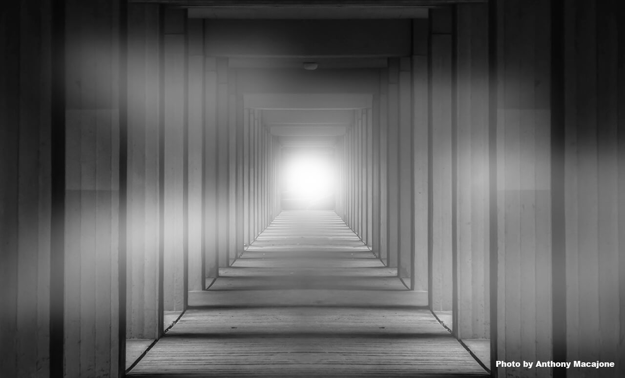 a ghostly, darkened hallway