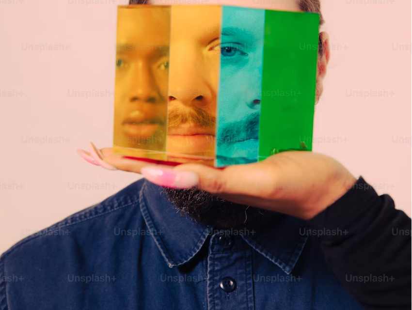 View of self in background and a hand holding faces of others.
