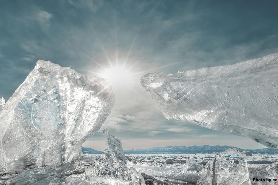 The sun as seen through two large pieces of ice