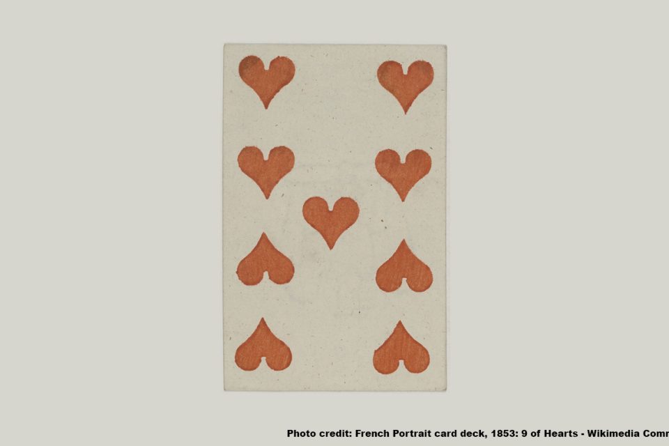 French Portrait card deck, 1853: 9 of Hearts