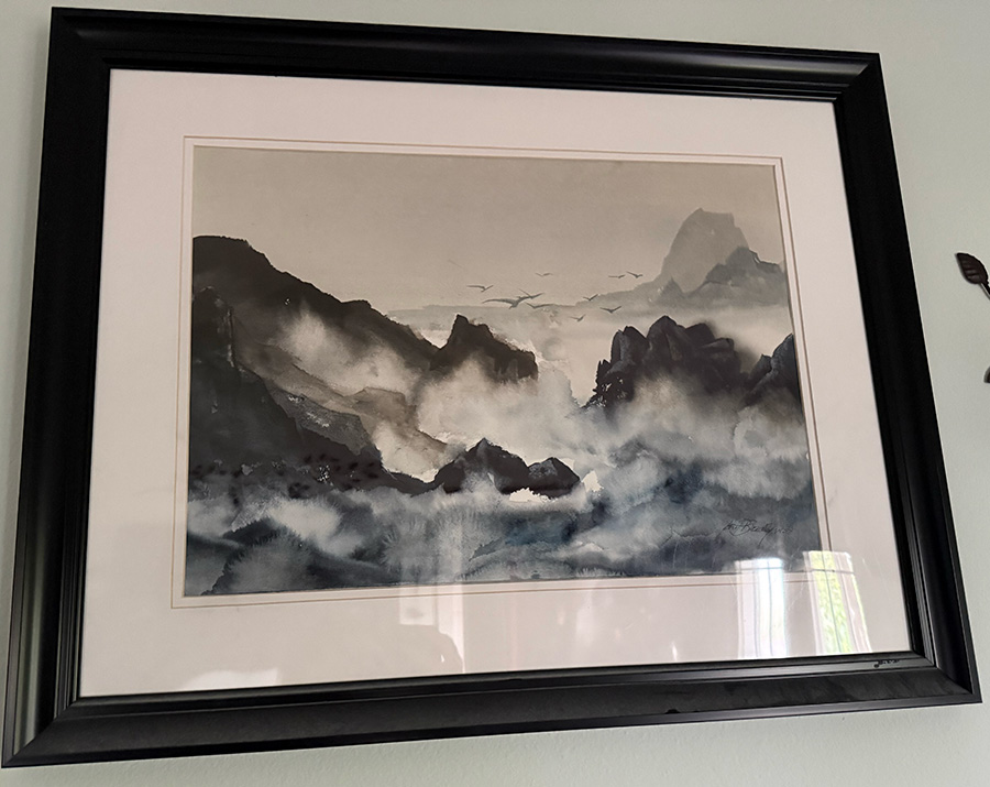 a black and white watercolor painting of ocean waves